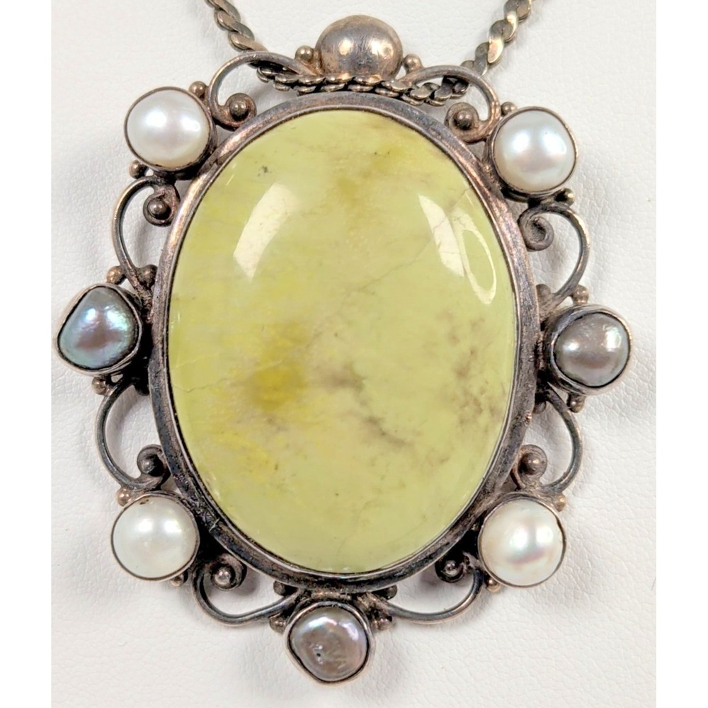 Signed AF 925 Sterling Silver Large Green Stone Pearl Pendant Necklace 56g 18"